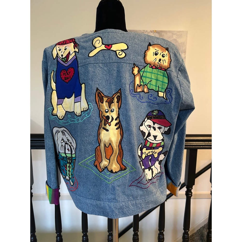 Vintage Dog Art Denim Jacket Light Wash Rainbow Button Up Collarless Blue L/XL